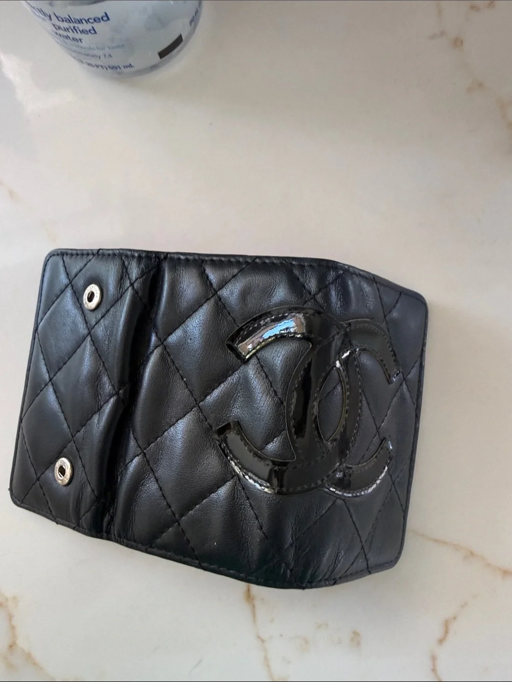 CHANEL Black Quilted Leather Trifold key Wallet with Glossy CC